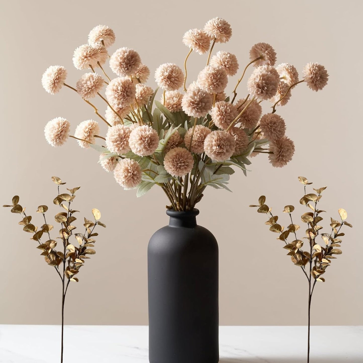 Beige Flowers Artificial + Eucalyptus Stems Silk Mums Stem Flowers Tan Flowers For Decorations Nude Cream Neutral Pom Pom Faux Kiku Flower bulk silk flowers Mini Chrysanthemum Floral Arrangements