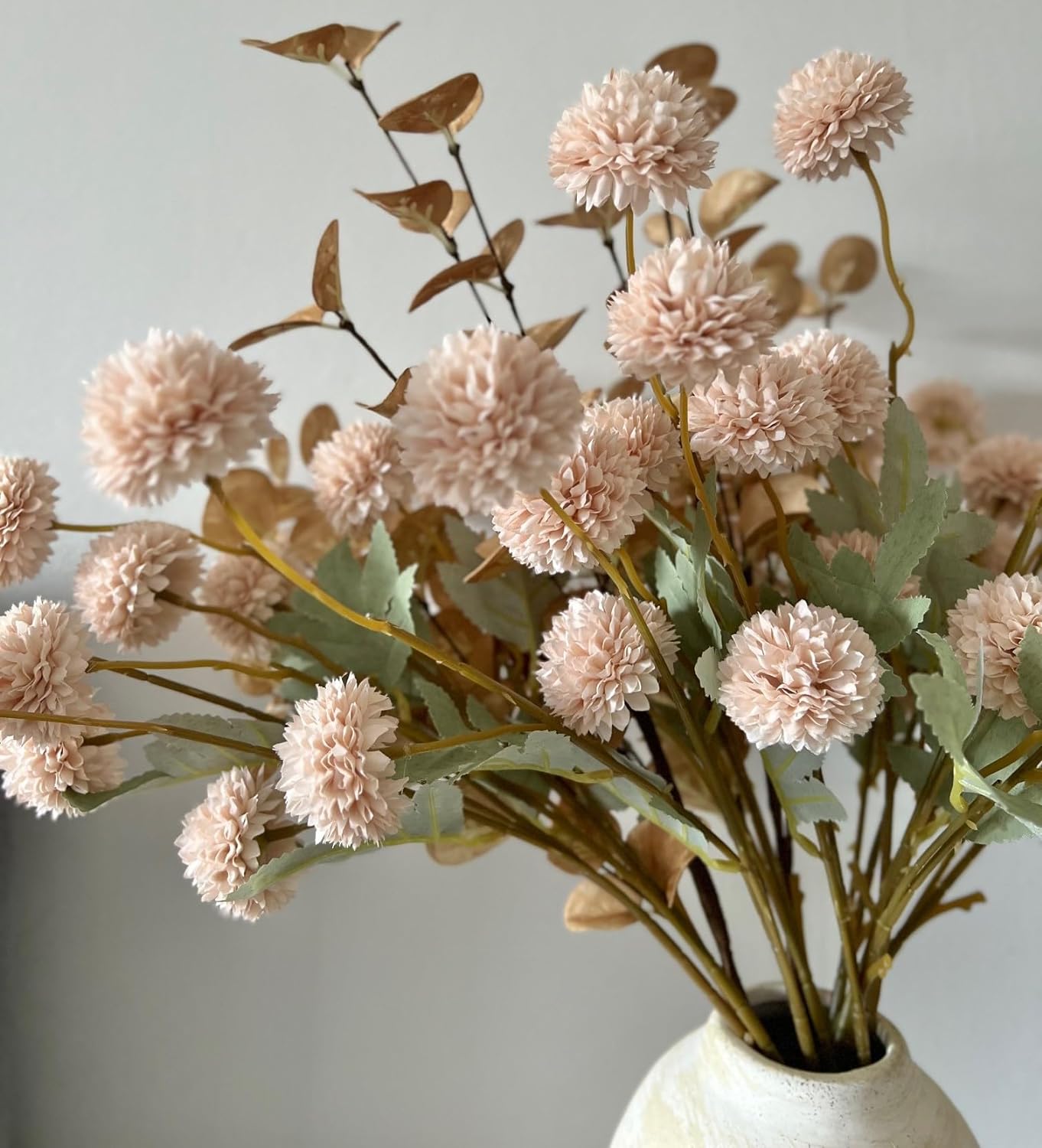 Beige Flowers Artificial + Eucalyptus Stems Silk Mums Stem Flowers Tan Flowers For Decorations Nude Cream Neutral Pom Pom Faux Kiku Flower bulk silk flowers Mini Chrysanthemum Floral Arrangements