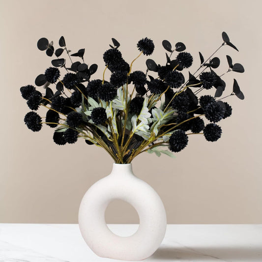 RyddeligHome Black Artificial Flowers for Centerpieces Bulk 10 Long Stems /50 Small Faux Silk Mum Balls + Black Eucalyptus Stems 2 Branches, Fall Boho Halloween Home Decor Indoor, Gothic Flowers