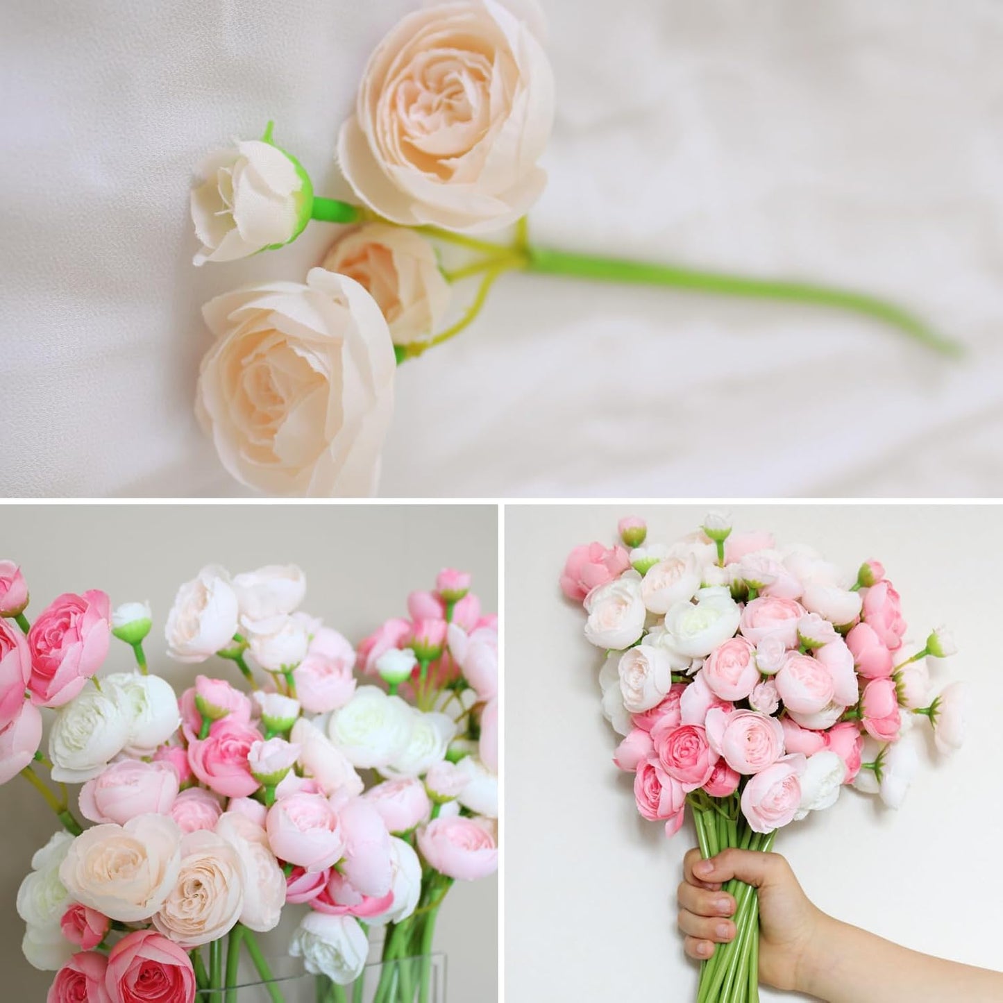 24pcs Ranunculus Artificial Flowers Real Touch, Faux Flowers For Vase, Centros De Mesa De 15 Años, Flores Artificiales Para Decoracion, Silk Fake Flowers With Stems Bulk, White Blush Pink Floral