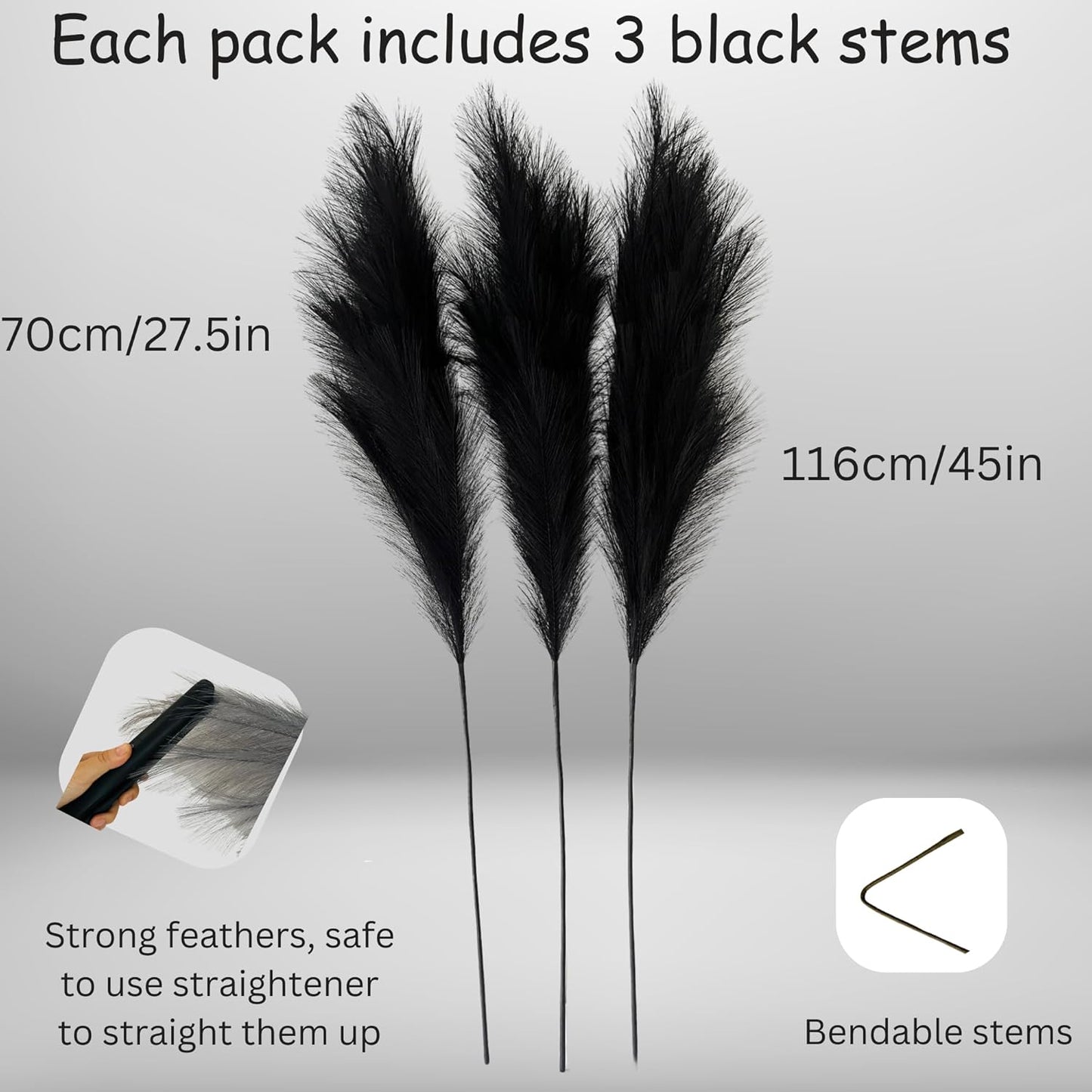 Black Pampas Grass Tall, Large Black Feathers for Vase, Faux Plumas Para Decoraciones, Fall Halloween Stems For Vases, Faux Pompous Grass For Black and Gold Decor, 3 Stems x 116cm/45inch Long