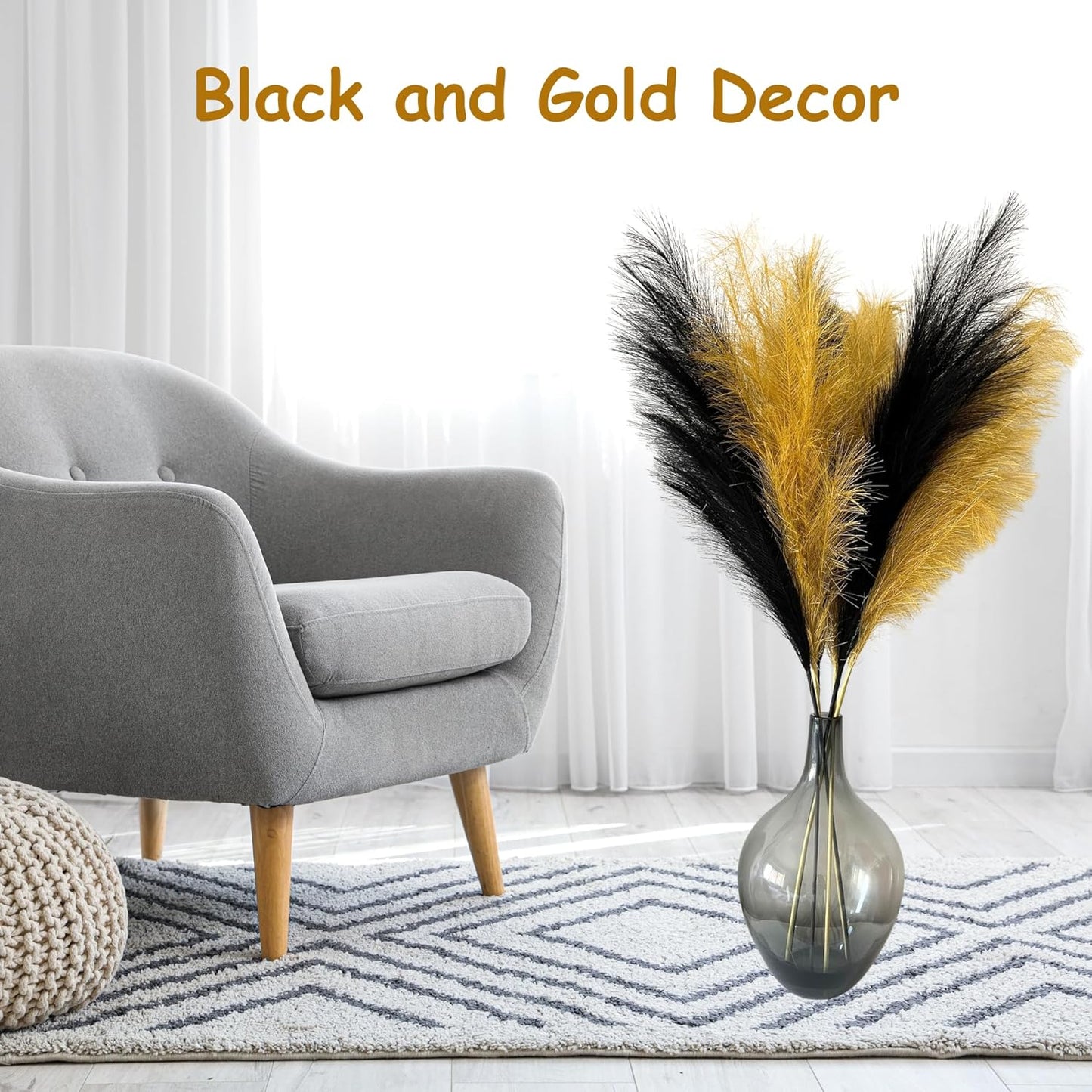 Black Pampas Grass Tall, Large Black Feathers for Vase, Faux Plumas Para Decoraciones, Fall Halloween Stems For Vases, Faux Pompous Grass For Black and Gold Decor, 3 Stems x 116cm/45inch Long