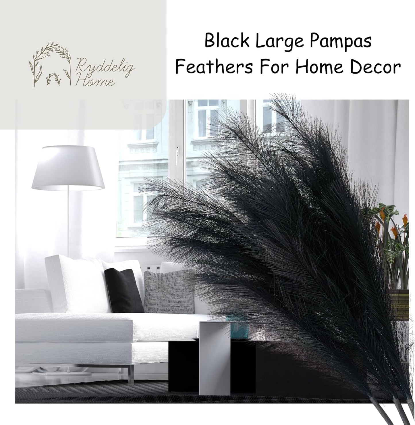 Black Pampas Grass Tall, Large Black Feathers for Vase, Faux Plumas Para Decoraciones, Fall Halloween Stems For Vases, Faux Pompous Grass For Black and Gold Decor, 3 Stems x 116cm/45inch Long