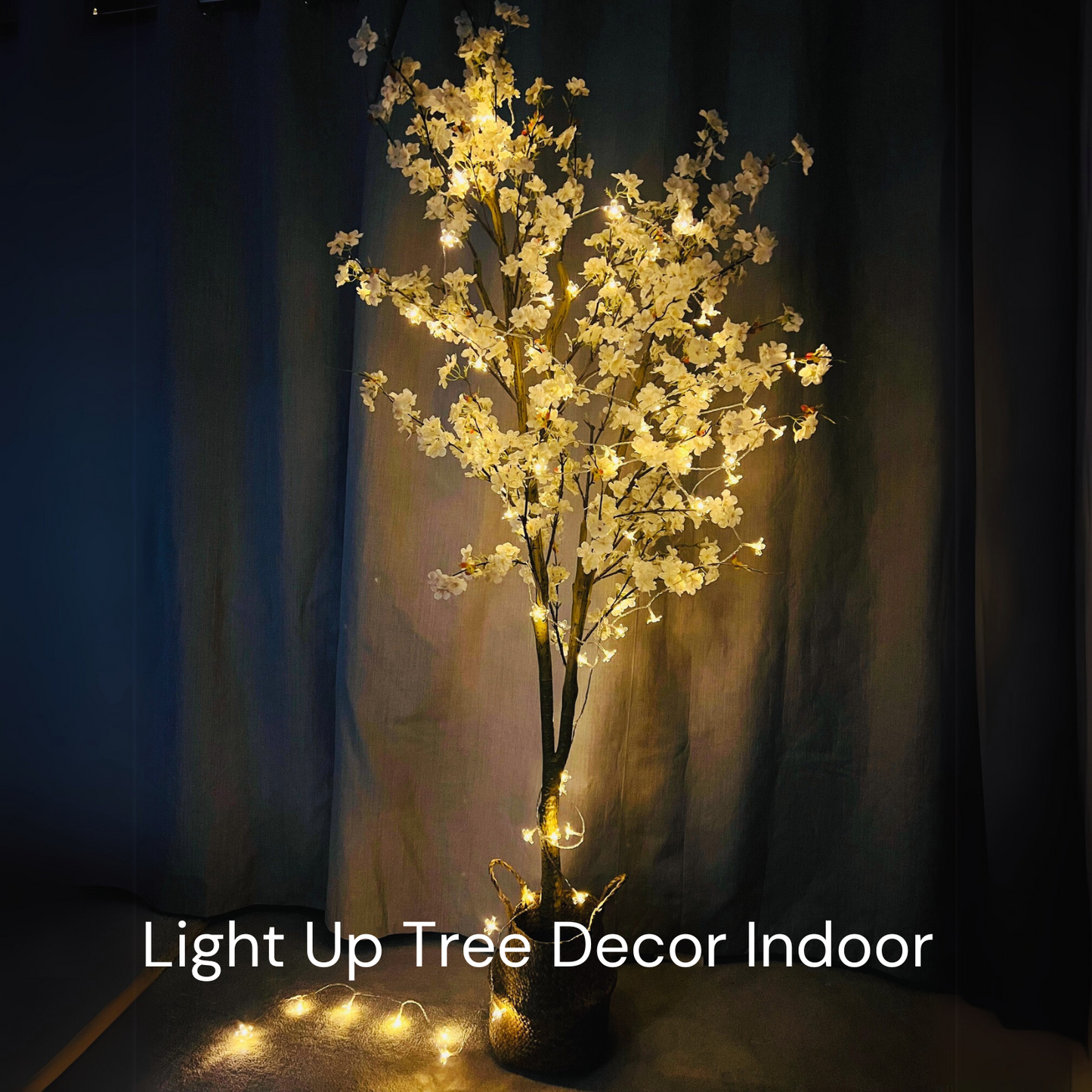 6ft Artificial Cherry Blossom Tree + Cherry Blossom Lights + Plant Basket, Tree Indoor, Tall Fake Trees, White Decorative Tree with Lights, Japandi Aesthetic Japanese Home Decor Living Room