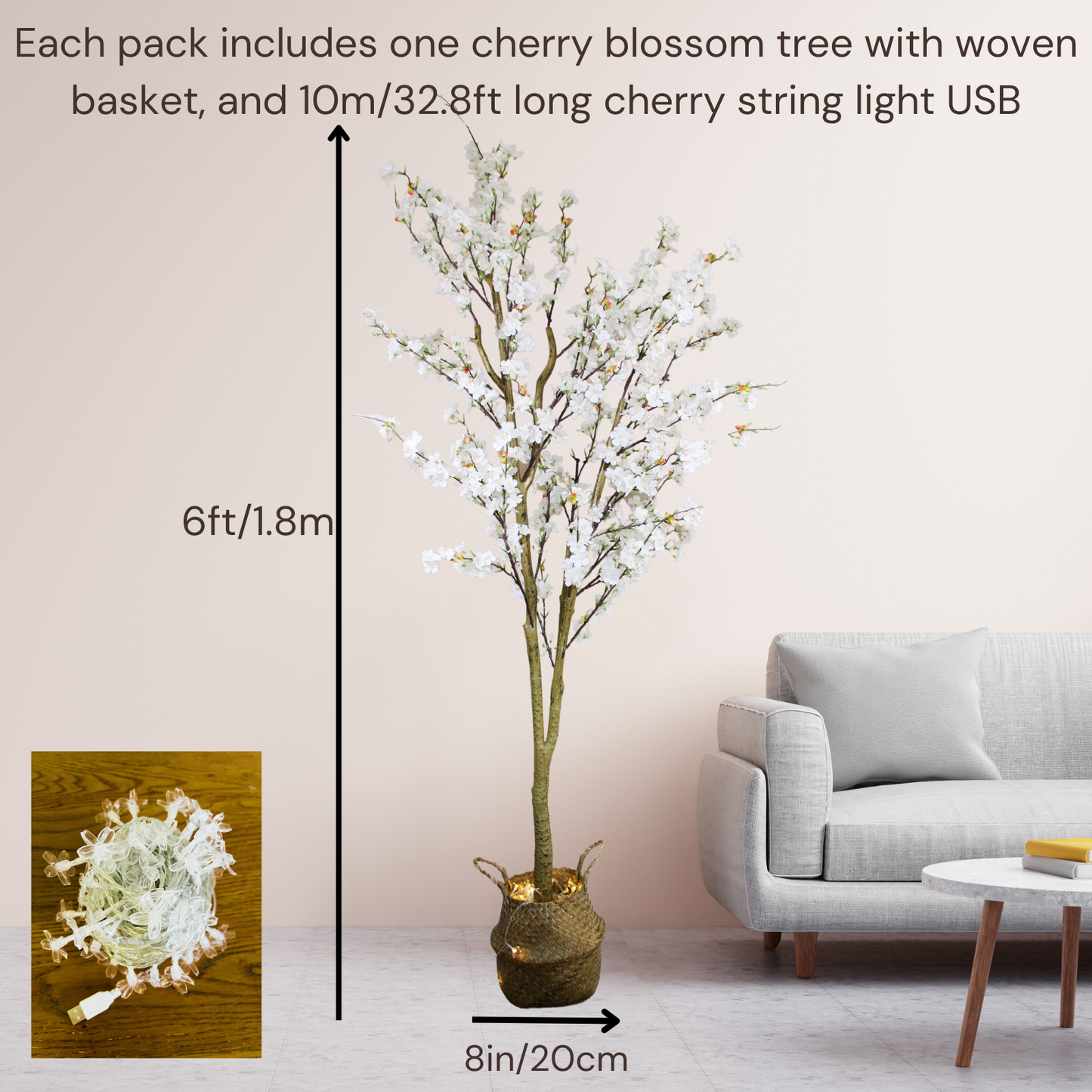 6ft Artificial Cherry Blossom Tree + Cherry Blossom Lights + Plant Basket, Tree Indoor, Tall Fake Trees, White Decorative Tree with Lights, Japandi Aesthetic Japanese Home Decor Living Room