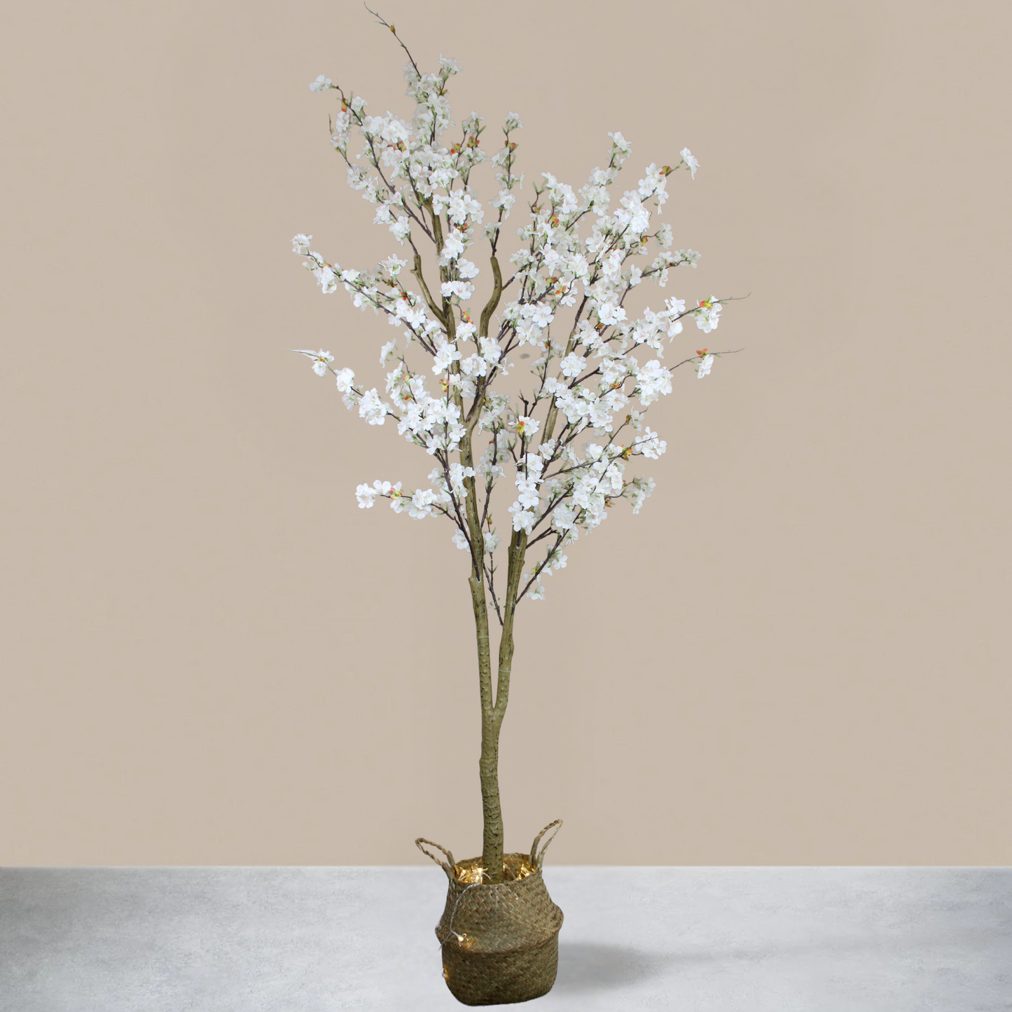 6ft Artificial Cherry Blossom Tree + Cherry Blossom Lights + Plant Basket, Tree Indoor, Tall Fake Trees, White Decorative Tree with Lights, Japandi Aesthetic Japanese Home Decor Living Room