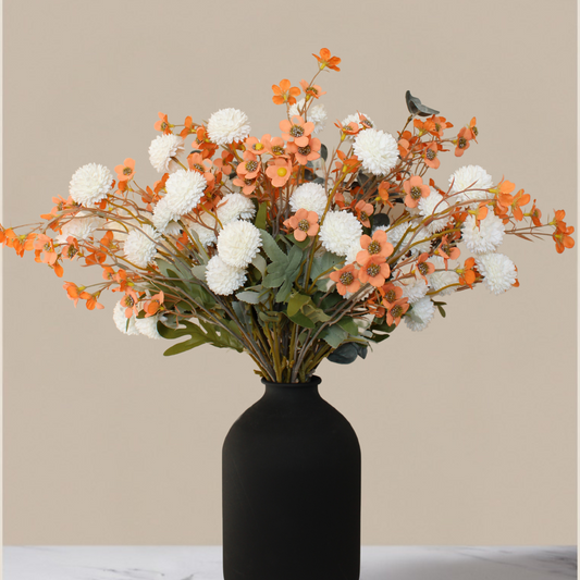 RyddeligHome Artificial White Kiku & Orange Wax Flowers, Bulk Silk Flowers with Long Stems for Vases, Spring Floral Arrangements for Home Decor, Centerpieces for Tables, Rustic Wedding Decorations